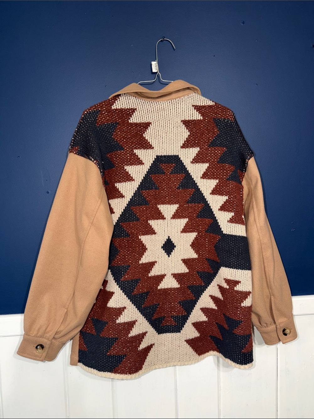 New In Aztec Knit-Back Jacket in Tan, Rust & Navy Sz L